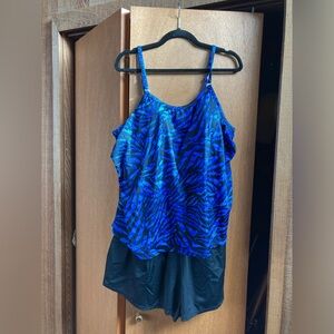 Trimshaper Swimsuit (Size 24) One Piece With Attached Short Blue Black Beach